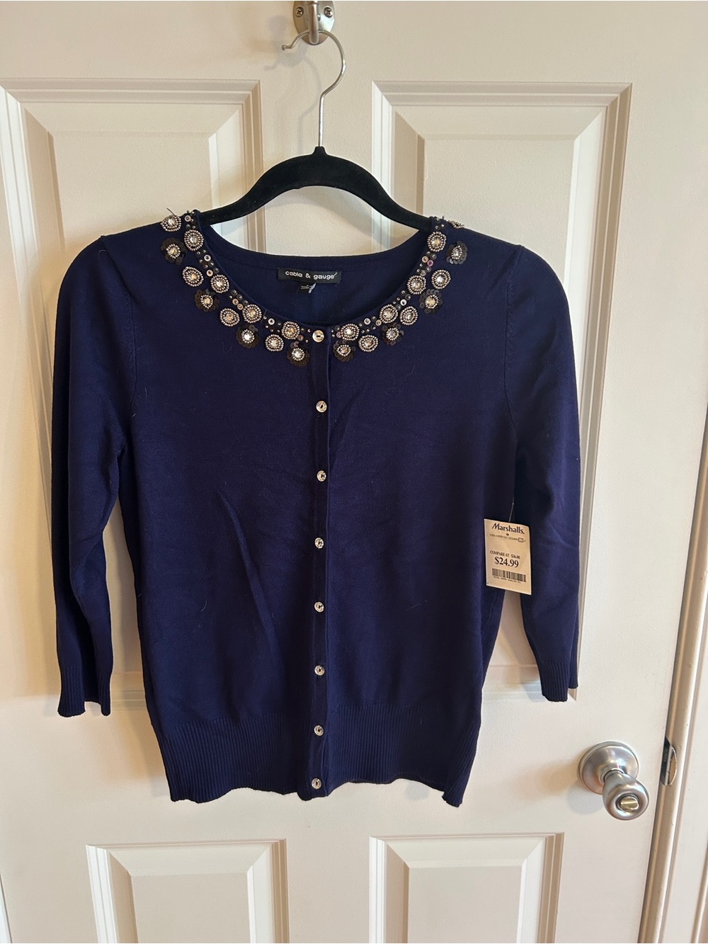 NWT - Cable & Gauge Navy Jeweled Crewneck Cardigan